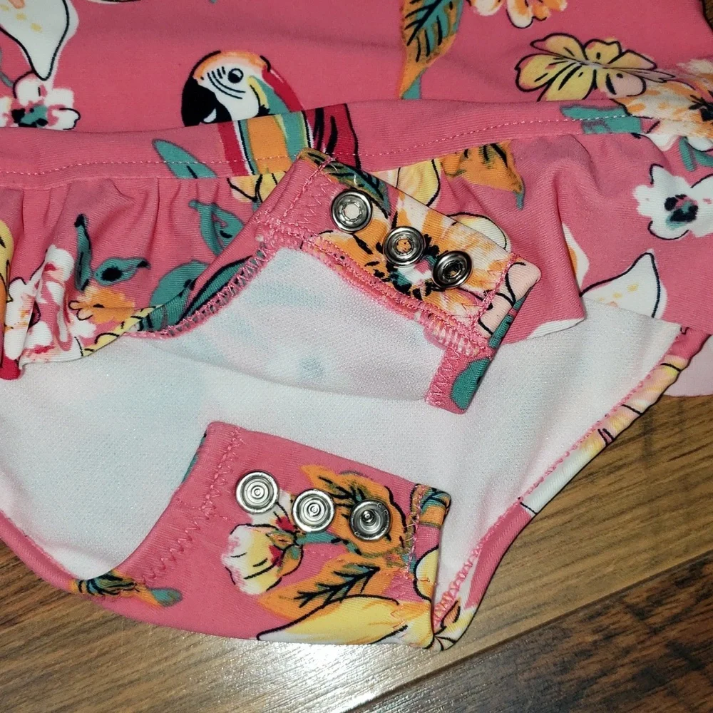 Oshkosh B'Gosh Pink Tropical Floral Parrot Print Ruffled Swimsuit, Size 9 Months